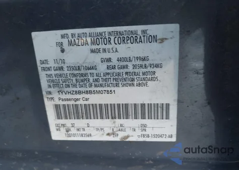 2011 Mazda Mazda6 I Sport z USA, uszkodzony, nr VIN 1YVHZ8BH8B5M07851